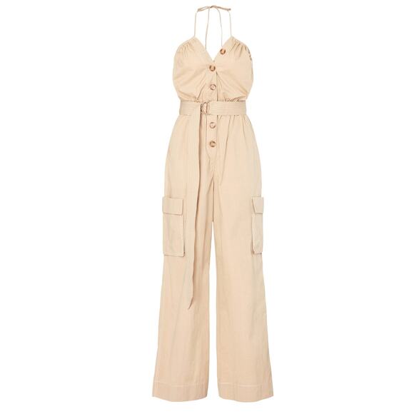 HALSTON Bari Jumpsuit Tan Cargo Pockets Size 8 - Picture 5 of 14